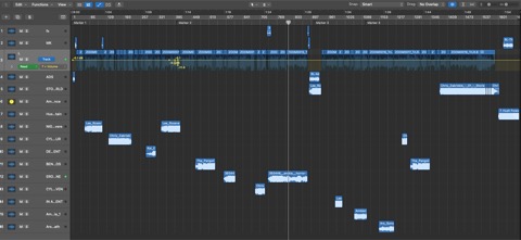A post-production audio timeline from the Big Loop mix, with dialogue and sound effect tracks laid out.